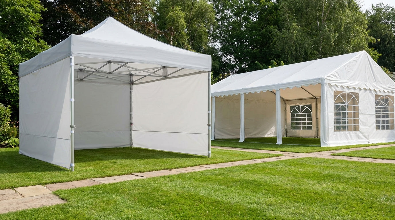 Faltpavillon und Partyzelt stehen nebeneinander auf einer Wiese