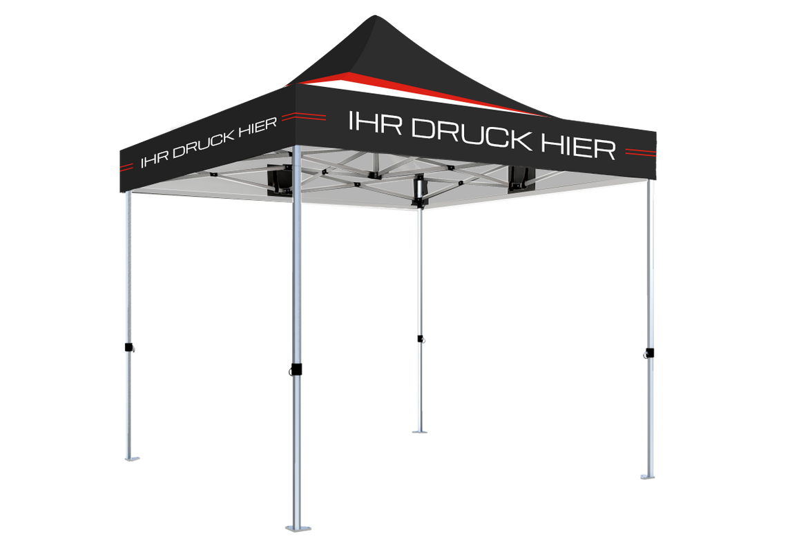 Faltpavillon 2x2 m – STORM Faltzelt – 45 mm Sechskant-Aluminium STORM45 Serie / 230g/m²-Vollbedruckung Oxford-Polyester / Schwarz – 1