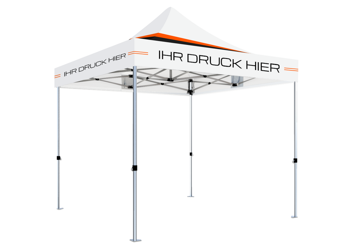 Faltpavillon 2x2 m – STORM Faltzelt – 45 mm Sechskant-Aluminium STORM45 Serie / 230g/m²-Vollbedruckung Oxford-Polyester / Weiß – 1