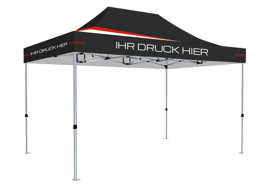 Faltpavillon 3x4,5 m - STORM Faltzelt – 45 mm Sechskant-Aluminium STORM45 Serie / 230g/m²-Vollbedruckung Oxford-Polyester / Schwarz – 1