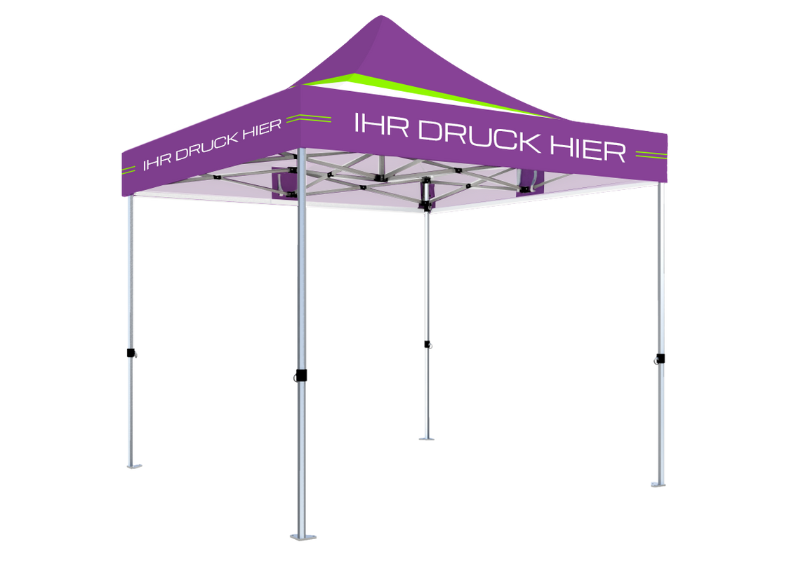 Faltpavillon 3x3 m – STORM Faltzelt – 45 mm Sechskant-Aluminium STORM45 Serie / 350g/m²-Vollbedruckung Oxford-Polyester, B1 schwer entflammbar nach DIN 4102-1 / Lila – 1