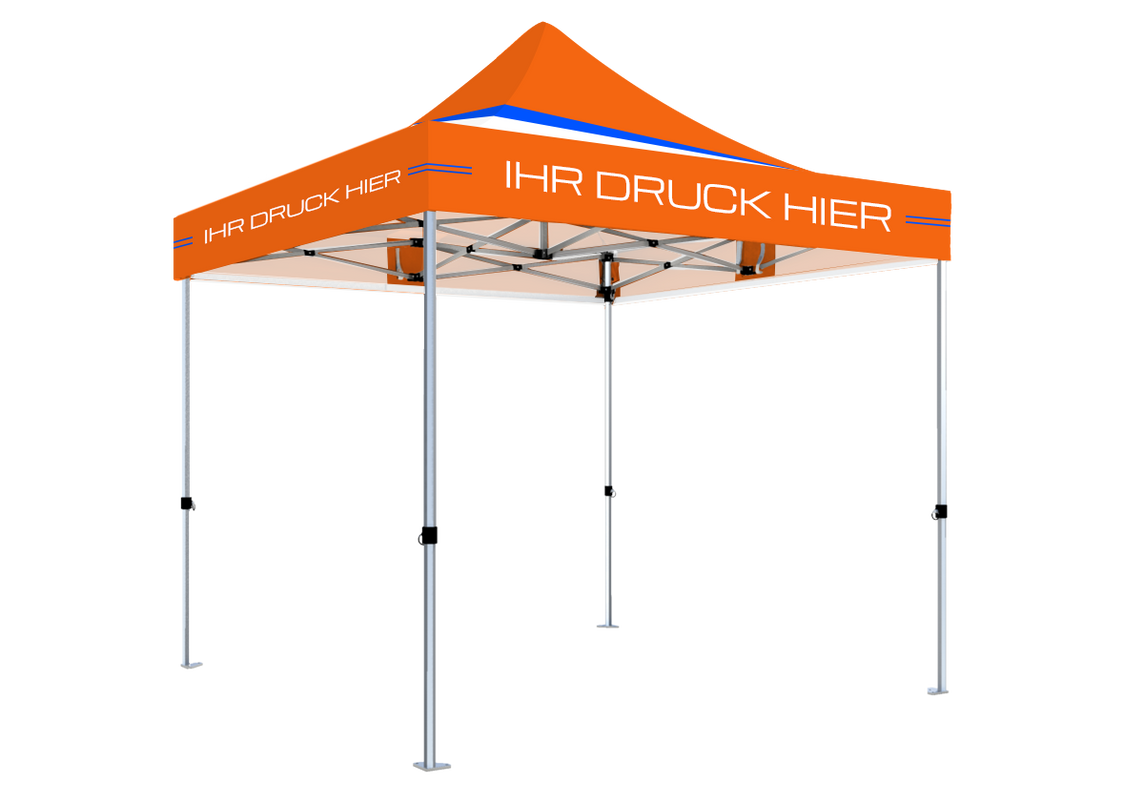 Faltpavillon 3x3 m – STORM Faltzelt – 45 mm Sechskant-Aluminium STORM45 Serie / 350g/m²-Vollbedruckung Oxford-Polyester, B1 schwer entflammbar nach DIN 4102-1 / Orange – 1