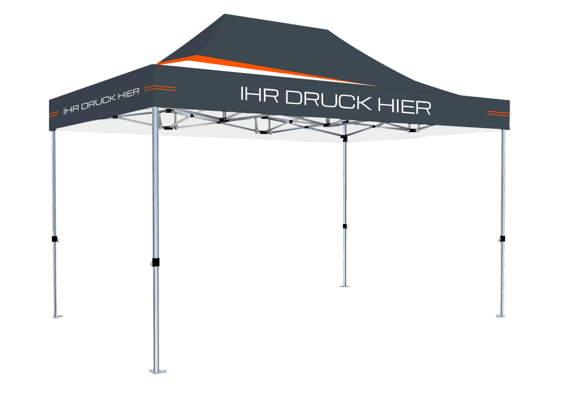 Faltpavillon 3x4,5 m - STORM Faltzelt – 45 mm Sechskant-Aluminium STORM45 Serie / 350g/m²-Vollbedruckung Oxford-Polyester, B1 schwer entflammbar nach DIN 4102-1 / Anthrazit – 1