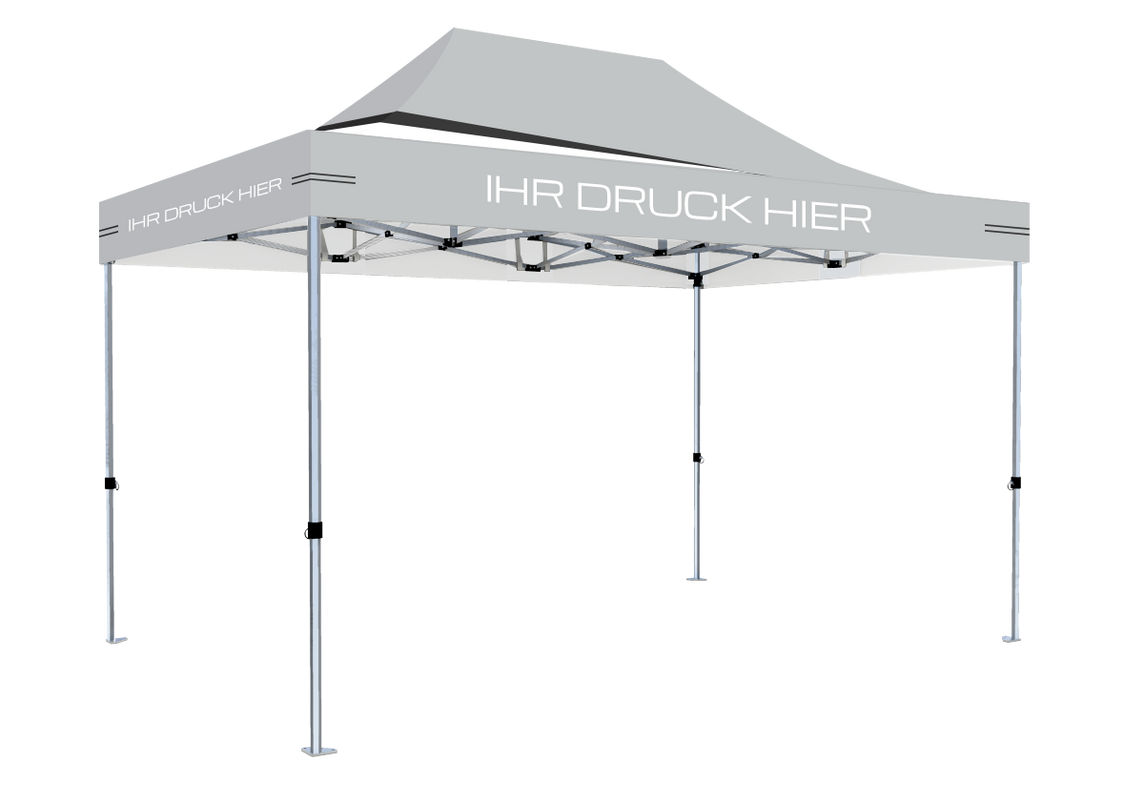 Faltpavillon 3x4,5 m - STORM Faltzelt – 45 mm Sechskant-Aluminium STORM45 Serie / 350g/m²-Vollbedruckung Oxford-Polyester, B1 schwer entflammbar nach DIN 4102-1 / Grau – 1