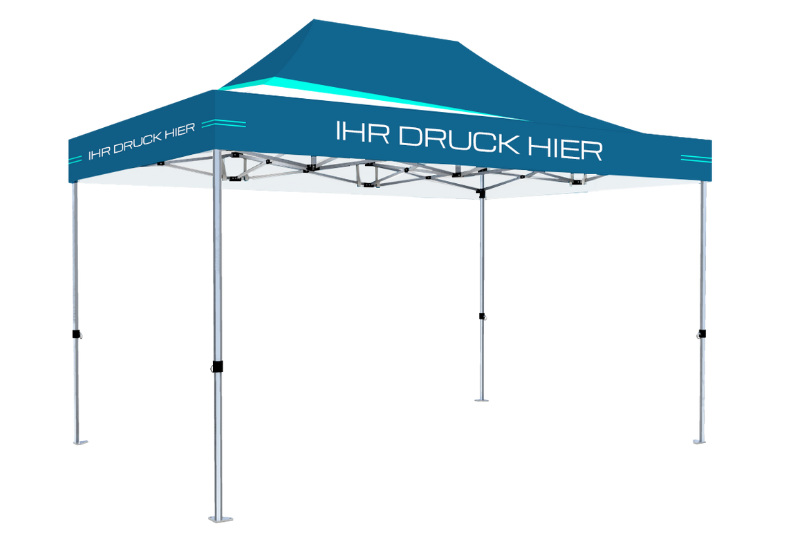 Faltpavillon 3x4,5 m - STORM Faltzelt – 45 mm Sechskant-Aluminium STORM45 Serie / 350g/m²-Vollbedruckung Oxford-Polyester, B1 schwer entflammbar nach DIN 4102-1 / Himmelblau – 1