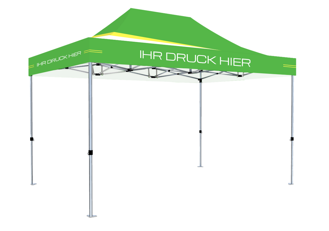 Faltpavillon 3x4,5 m - STORM Faltzelt – 45 mm Sechskant-Aluminium STORM45 Serie / 350g/m²-Vollbedruckung Oxford-Polyester, B1 schwer entflammbar nach DIN 4102-1 / Lime – 1
