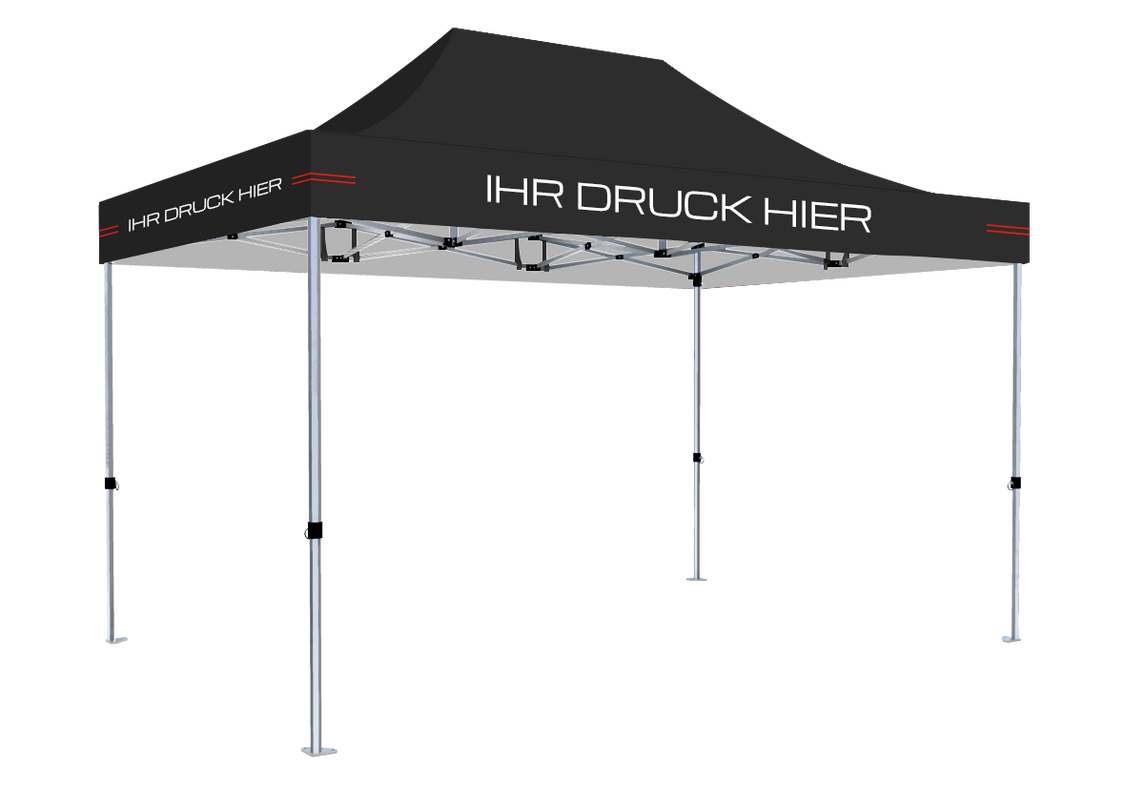 Faltpavillon 2x3 m – STORM Faltzelt – 45 mm Sechskant-Aluminium STORM45 Serie / 230g/m²-Teilbedruckung Oxford-Polyester / Schwarz – 1