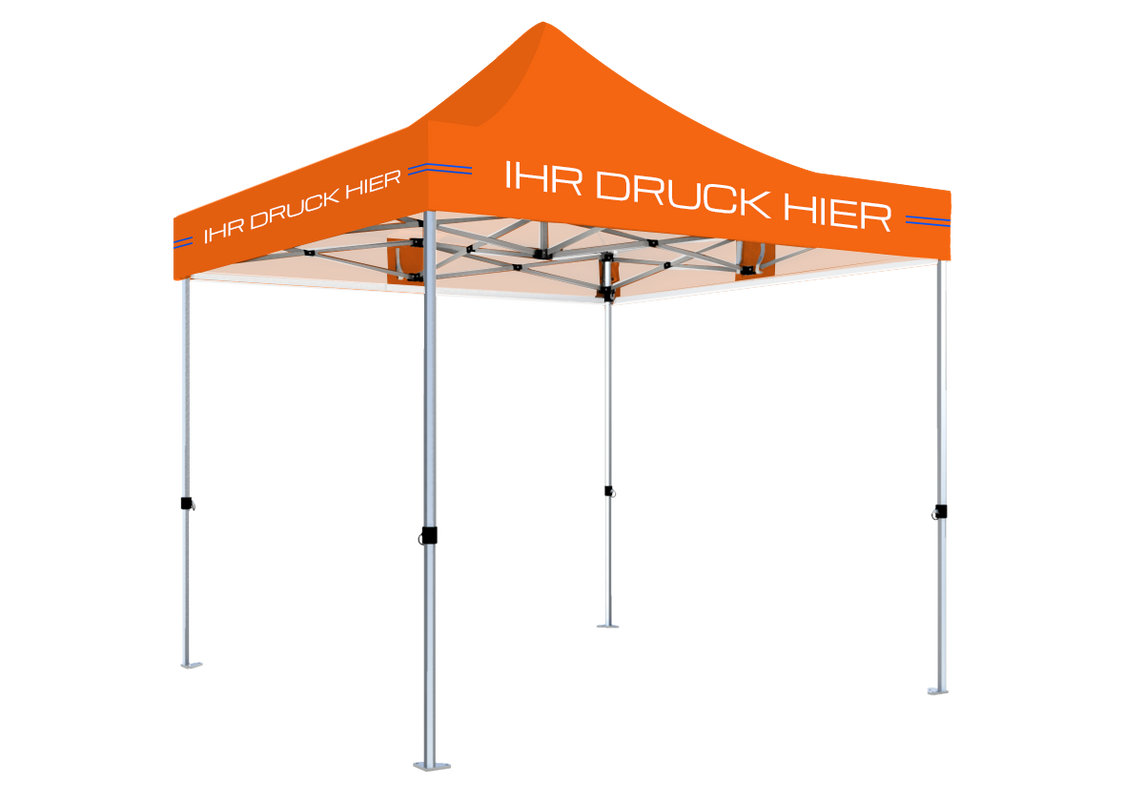 Faltpavillon 3x3 m – STORM Faltzelt – 45 mm Sechskant-Aluminium STORM45 Serie / 230g/m²-Teilbedruckung Oxford-Polyester / Orange – 1
