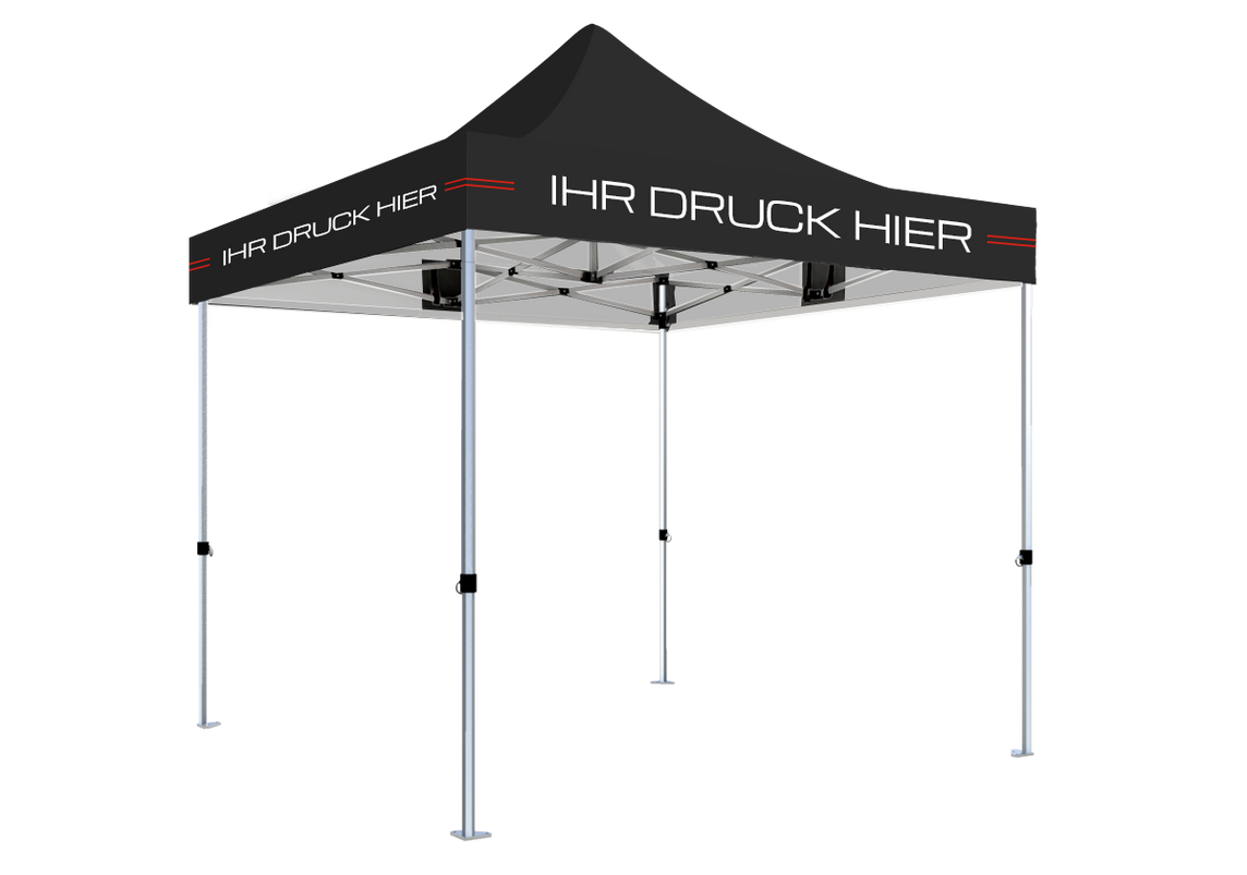 Faltpavillon 3x3 m – STORM Faltzelt – 45 mm Sechskant-Aluminium STORM45 Serie / 230g/m²-Teilbedruckung Oxford-Polyester / Schwarz – 1