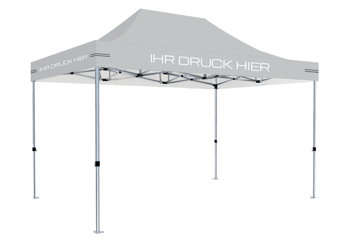 Faltpavillon 3x4,5 m - STORM Faltzelt – 45 mm Sechskant-Aluminium STORM45 Serie / 230g/m²-Teilbedruckung Oxford-Polyester / Grau – 1