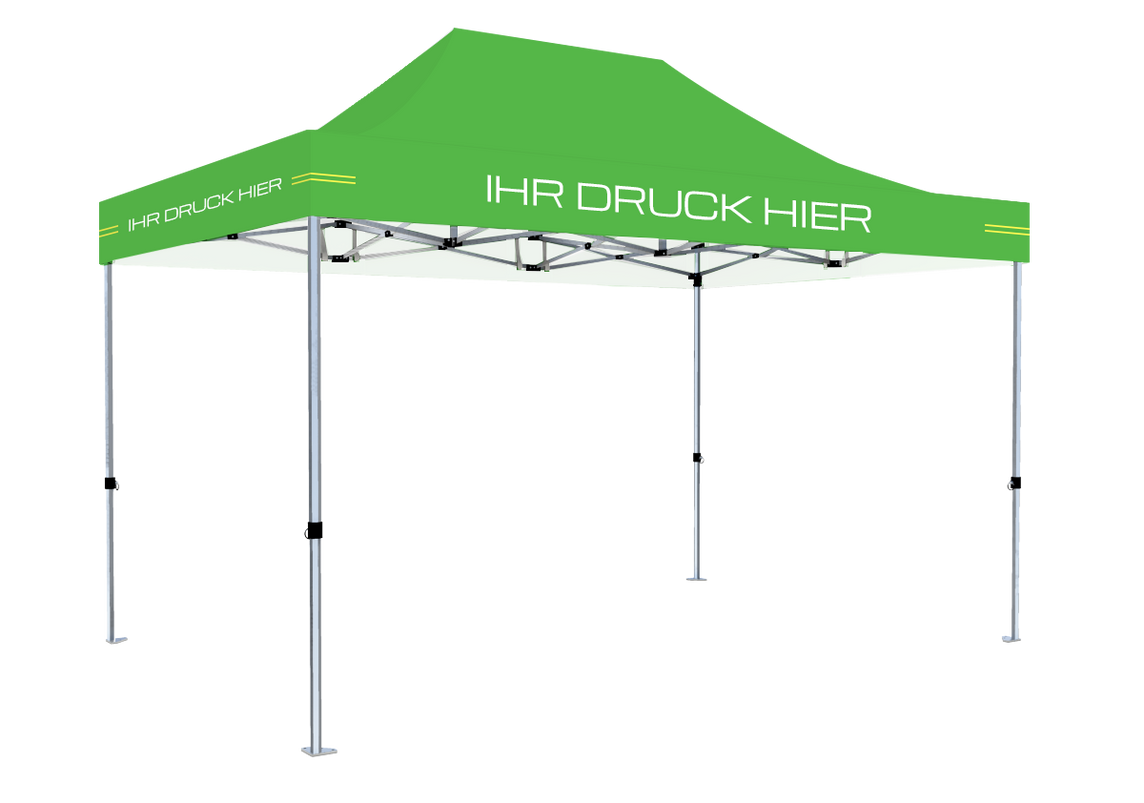 Faltpavillon 3x4,5 m - STORM Faltzelt – 45 mm Sechskant-Aluminium STORM45 Serie / 230g/m²-Teilbedruckung Oxford-Polyester / Lime – 1