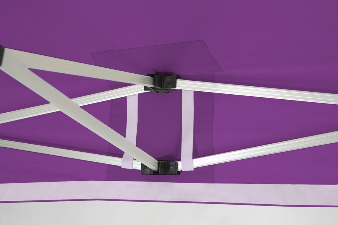 Faltpavillon 3x3 m – STORM Faltzelt – 45 mm Sechskant-Aluminium STORM45 Serie / 350g/m²-Vollbedruckung Oxford-Polyester, B1 schwer entflammbar nach DIN 4102-1 / Lila