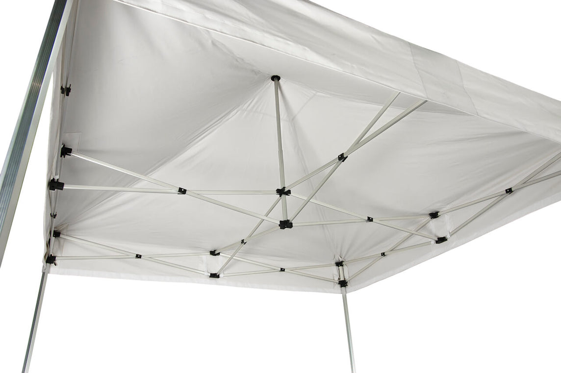 Faltpavillon 2x2 m – STORM Faltzelt – 45 mm Sechskant-Aluminium STORM45 Serie / 350g/m²-Vollbedruckung Oxford-Polyester, B1 schwer entflammbar nach DIN 4102-1 / Weiß